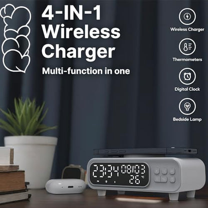 IHAO 5in1 Alarm Clock with Wireless Charging Night Light 15W Fast Charger for Phone and Headphone, LED Digital Display with Date & Temperature, Dimmable for Bedroom & Office-D15 Clock White - color: Wireless Charger Alarm Clock D15 Clock White