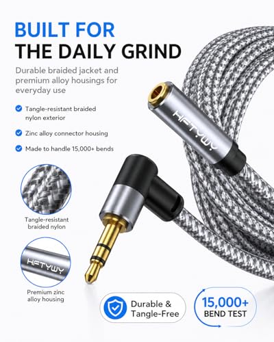 10ft 3.5mm Headphone Extension Cord Male to Female Stereo Audio Extender, 90 Degree Right Angle 1/8 Inch TRS Aux Wire for TV, PC, Smartphones, Braided Double Shielded - size: 10 ft