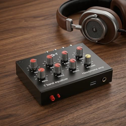 EQ-7 Mini 7 Band Equalizer and Headphone Amp, RCA 3.5mm Input | TL074 and NE5532 chips, level knobs, 16 to 600 ohm drive, for home audio, speaker, and gaming setups.
