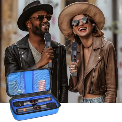 Wireless Microphone Case Compatible with JBL Wireless Two Microphone System, Handheld Dual Mic Travel Bag for Singing or Karaoke for Receivers, Adapters, AA Batteries - color: Blue
