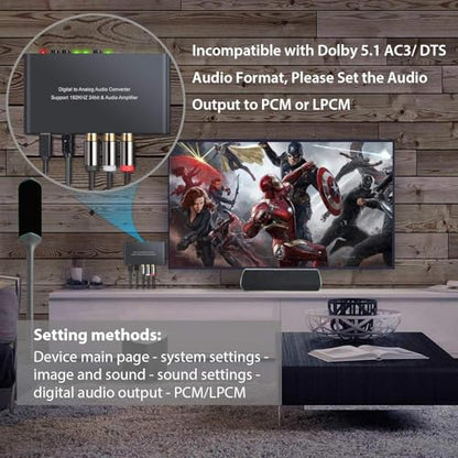 Neoteck 192kHz Digital to Analog Audio Converter with IR Remote Control | DAC Converter Digital Coaxial Toslink Optical to Analog Stereo L/R RCA 3.5mm Audio Adapter Support Volume Control/Mute/Power