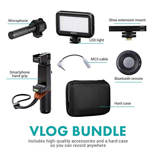 Movo Vlog Kit V7 - YouTube Starter Kit with Grip, Stereo Microphone, Light and Wireless Remote Vlogging Kit for iPhone, Android - iPhone Vlogging Kit