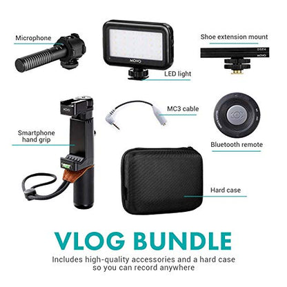 Movo Vlog Kit V7 - YouTube Starter Kit with Grip, Stereo Microphone, Light and Wireless Remote Vlogging Kit for iPhone, Android - iPhone Vlogging Kit
