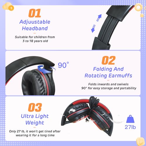 Kids Headphones Wired with Volume Limiter, Over Ear Safe Sound Headset with HD Mic, 85/94dB Volume Limiter, 3.5mm & USB C Headphones for School, Travel, iPad, Laptop, Back to School Supplies - color: Red