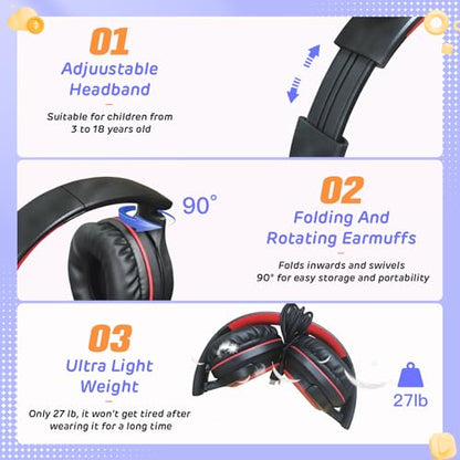 Kids Headphones Wired with Volume Limiter, Over Ear Safe Sound Headset with HD Mic, 85/94dB Volume Limiter, 3.5mm & USB C Headphones for School, Travel, iPad, Laptop, Back to School Supplies - color: Red