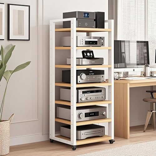7 Tier Av Media Stand With Wheels, 55in Adjustable Audio Rack - color: White + Light Walnut