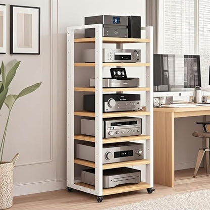 7 Tier Av Media Stand With Wheels, 55in Adjustable Audio Rack - color: White + Light Walnut