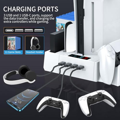 PS5 / PS5 Slim Cooling Station with Controller Charging Station, Cooling Stand for PlayStation 5 Console, PS 5 Dock Accessories Organizer with Storage Slot, PS 5 Cooler Fan, Headset Holder, 4 USB Hub