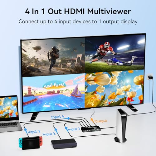 HDMI Multiviewer Switch 4x1 Seamless Switcher Quad Multi Viewer 4 in 1 Out Switcher with IR Remote 3.5mm Audio Output Support 4K@30Hz 1080P@60Hz Upgrade 10 Viewing Modes for Security Camera, Meeting