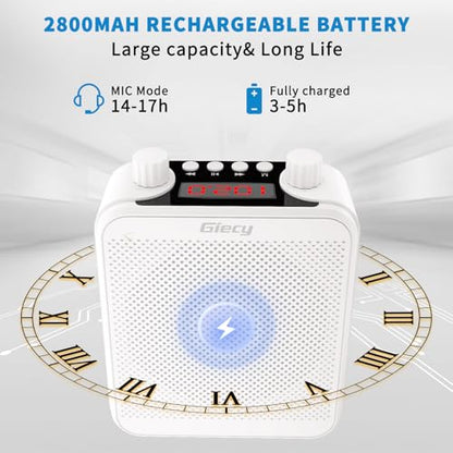 30W Portable Voice Amplifier with Wired Microphone Headset, 2800mAh Rechargeable PA System Speaker Personal Microphone Speech Power Amplifiers Loudspeaker for Teachers/Metting/Tour Guide - color: White