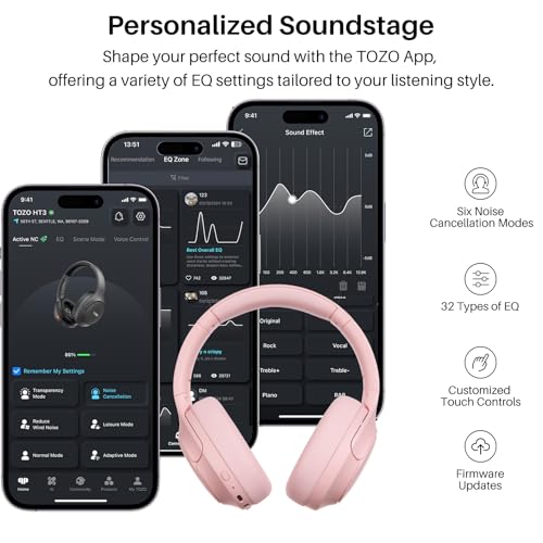 TOZO HT3 Hybrid Noise Cancelling Headphones, 90H Battery Life Wireless Over Ear Bluetooth 6.0 Foldable Headset, AI Voice Assistant with 5 Mics, Connect 2 Devices and Hi-Res Sound, 32 EQ Audio Presets - color: Titanium Pink