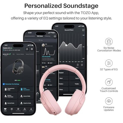 TOZO HT3 Hybrid Noise Cancelling Headphones, 90H Battery Life Wireless Over Ear Bluetooth 6.0 Foldable Headset, AI Voice Assistant with 5 Mics, Connect 2 Devices and Hi-Res Sound, 32 EQ Audio Presets - color: Titanium Pink