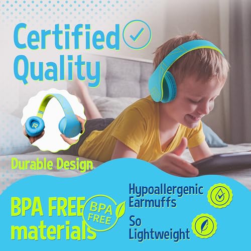 PowerLocus Kids Headphones Over-Ear, Bluetooth Wireless Headphones for Kids,with Microphone, Safe 85DB Volume Limited, Foldable with Carry Case, Audio Cable, Micro SD mode for Online Classes,PC,Phones - color: Blue/Green