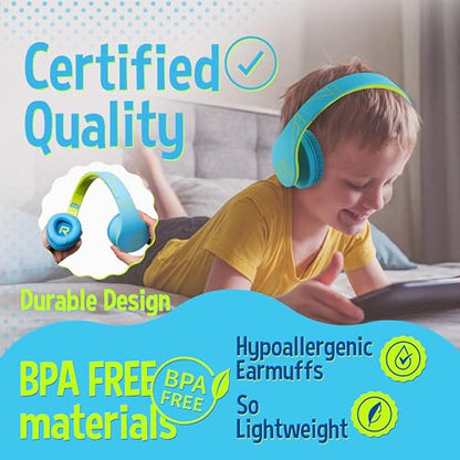 PowerLocus Kids Headphones Over-Ear, Bluetooth Wireless Headphones for Kids,with Microphone, Safe 85DB Volume Limited, Foldable with Carry Case, Audio Cable, Micro SD mode for Online Classes,PC,Phones - color: Blue/Green