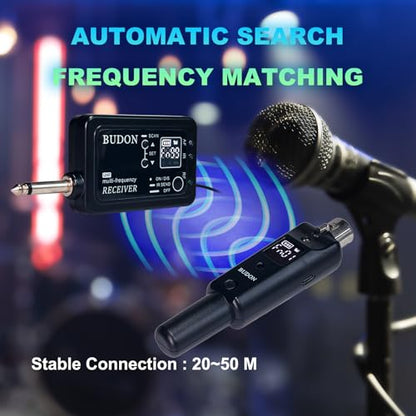 BUDON Wireless XLR Microphone Adapter, UHF Transmitter & Receiver with 99 Channels,164ft Range, Rechargeable for Converting Dynamic Mics to Wireless for PA Systems, Mixers & Cameras