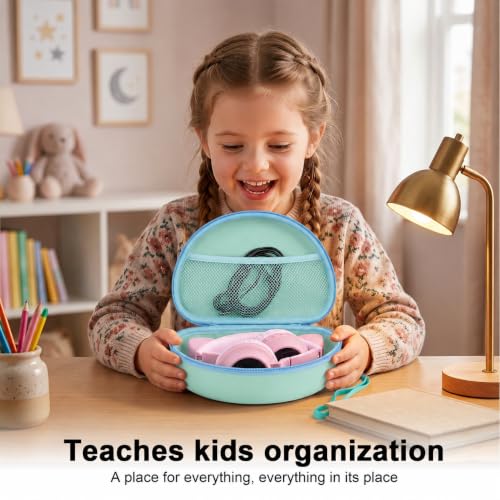 PAIYULE Kids Headphone Case for Riwbox CT-7S/CT-7, for iClever IC-HS01 | Headphone case for kids, hard EVA shell, mesh pocket, fits cat-ear over-ear models, red, school and travel, box only, Green - color: Green