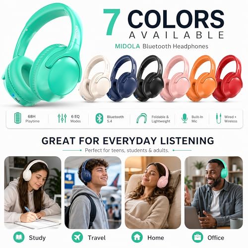 Bluetooth Headphones Wireless 68H with Mic,Decent Sound-Acceptable Cyan | Adjustable Headband Foldable Over-Ear Lightweight for Office/Travel/Tablet/iPad/Laptop,HD Stereo Sound,Aux 3.5mm,Green - color: Cyan
