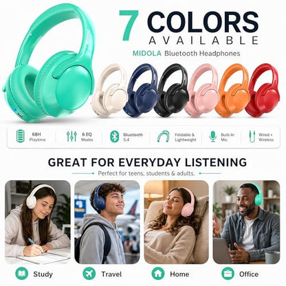 Bluetooth Headphones Wireless 68H with Mic,Decent Sound-Acceptable Cyan | Adjustable Headband Foldable Over-Ear Lightweight for Office/Travel/Tablet/iPad/Laptop,HD Stereo Sound,Aux 3.5mm,Green - color: Cyan