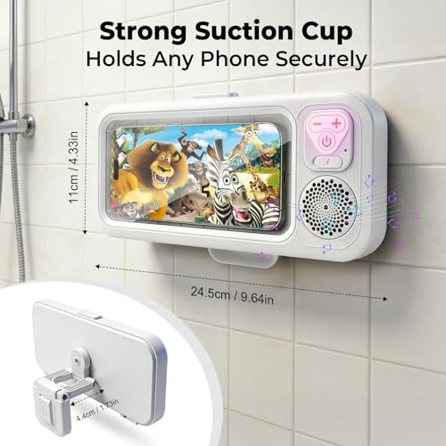Shower Phone Holder with Wireless Bluetooth Speaker, 360° Rotating Bathroom Phone Mount with Speaker, 2026 New Waterproof Shower Phone Case for Any Phone, Fits Most Smartphones (White)