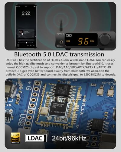 TOPPING DX3Pro+ LDAC Headphone Amplifier, ES9038Q2M Bluetooth 5.0 DAC, NFCA Audio Decoder, USB/Optical/Coax Inputs, with Remote Control, Headphone Amp, Line Out, Pre-Amp Function (Silver) - color: Silver