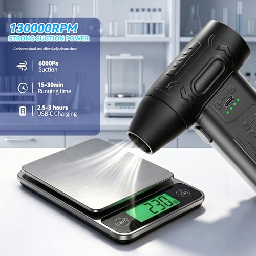 fourq Compressed Air Duster,Mini Vacuum Cleaner 2-in-1,4000 mAh,130,000 RPM Brushless Motor,8000Pa，120MPH/1.1LB Thrust Car Dryer Air Blower for Car Cleaning,Computer Cleaning