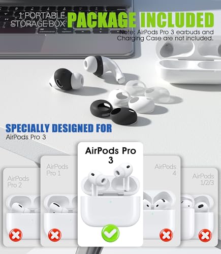 6 Pairs Covers for AirPods Pro 3 Ear Tips with Cleaning Kit, Scratch Resistant Anti Slip Sport Grip Earbud Covers for AirPods Pro 3rd Generation 2025 - White/Transparent/Black