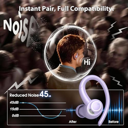 Wireless Sport Earbuds with Earhook, 48Hrs Deep Bass/ENC Mic Ear Bud Purple | Wireless Earphone with LED Display, Bluetooth 5.3 Headphones In Ear, IPX7 Waterproof Over Ear Buds for Running/Workout - color: Purple