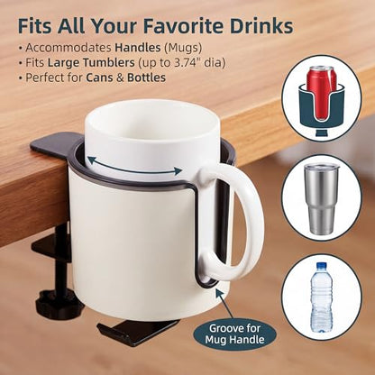 GUNKING Luxury 2-in-1 Anti-Spill Cup Holder with Under Desk Headphone Hanger (White) - color: WHITE