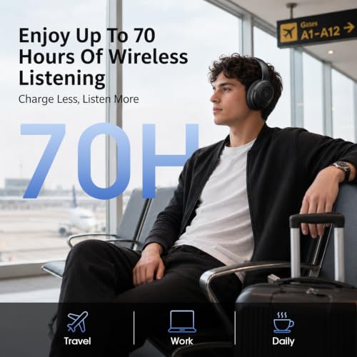 DOQAUS Bluetooth Headphones Over Ear, 9 EQ Modes & App Control | HiFi Stereo Sound, 70H Playtime, Memory Foam Earpads with ENC Microphone, Wireless Headphones for Travel, Work, Phone & PC - color: Black