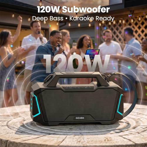 GEARit 120W Boombox Bluetooth Speaker, Loud Party Karaoke Speaker, IPX6 | 120W party boombox with power bank, RGB lights, karaoke mic, TWS stereo, 12H battery, AUX/USB/SD - size: BoomBox - 120W