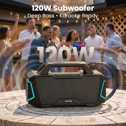GEARit 120W Boombox Bluetooth Speaker, Loud Party Karaoke Speaker, IPX6 | 120W party boombox with power bank, RGB lights, karaoke mic, TWS stereo, 12H battery, AUX/USB/SD - size: BoomBox - 120W