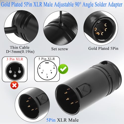 QIANRENON Compact 5Pin XLR Solder Audio Adapter Adjustable 90° Angle 5Pin XLR Male Microphone Thin Cable Connector Gold Plated x-LR 5 DMX 512 Plug, for DIY Repair 5-Pole X-LR, with 0.9mm Spanner