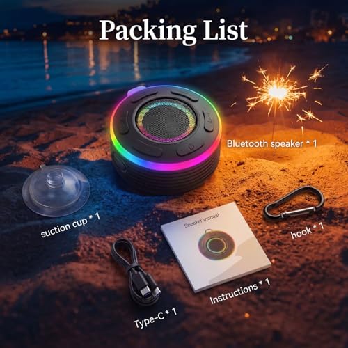 Portable Bluetooth Shower Speaker with Waterproof,Stereo,LED Light | Over 10H Playtime,Built-in Micro,Suction Cup&Hook,for Outdoor,Kitchen,Kayak,Beach,Camping,Gifts for Unisex