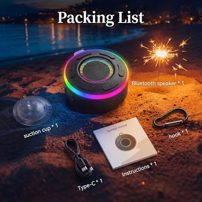 Portable Bluetooth Shower Speaker with Waterproof,Stereo,LED Light | Over 10H Playtime,Built-in Micro,Suction Cup&Hook,for Outdoor,Kitchen,Kayak,Beach,Camping,Gifts for Unisex