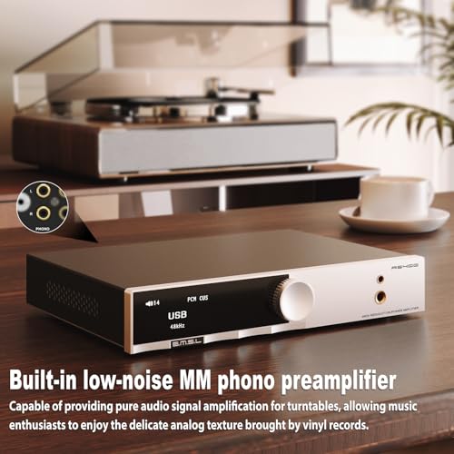 SMSL AS400 Power Amplifier 165W x 165W DAC Headphone Amp MM Phono Preamp | MA5332M5 Chip USB/Coax/Opt/HDMI ARC/RCA/Phono Input 2.1 Channel Speaker/Subwoofer 4.4mm/6.35mm Headphone Output Silver