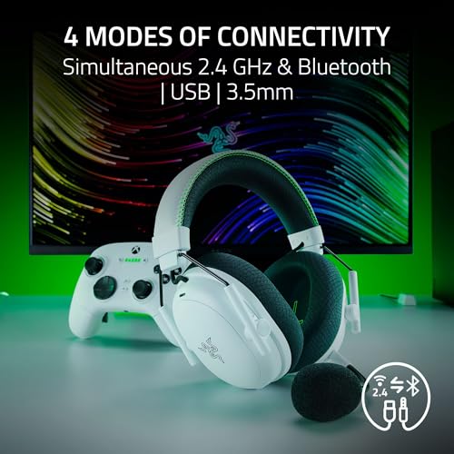 Razer BlackShark V3 Pro Wireless ANC Xbox Gaming Headset, White | Full Band Mic, 50mm Drivers, 2.4 GHz, Bluetooth, USB, 3.5mm, Works with PC, Mac, PS5, Nintendo Switch, 70 Hr Battery - color: White, style: Xbox