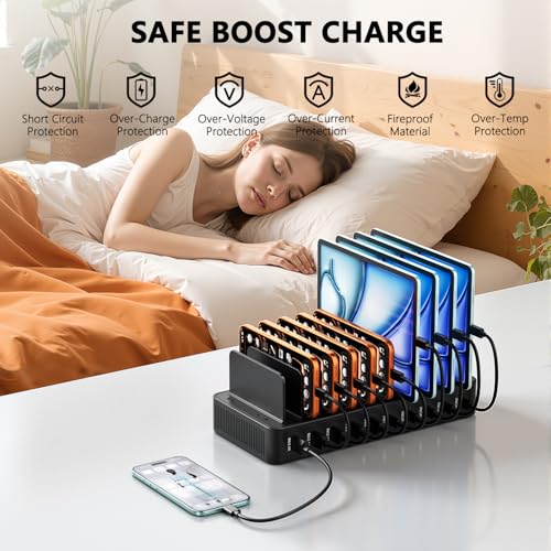 USB C Charging Station for Multiple Devices, 10-Port 100W Charging Dock, with Adjustable Dividers, USB-C Power Hub, Compatible with iPhone/Samsung/Google/Tablets/USB Devices (with 10 Cables)