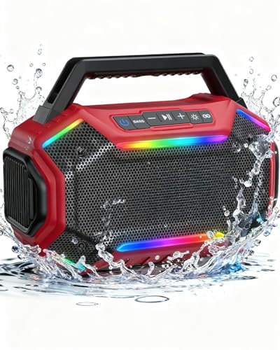 Qozybuds Bluetooth 6.0 Speaker, 80W(Peak) Loud Speaker with Bass, 30H Working Time, IPX6 Waterproof Large Jobsite Speakers with TWS, RGB Lights for Work, Outdoor, Workshop, Garage (Red)