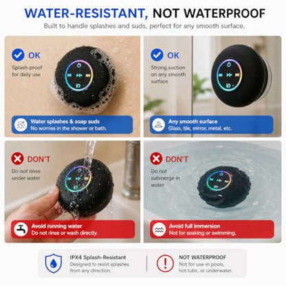 Bluetooth Shower Speaker with LED – Portable Wireless Mini Speaker with Mic & Suction Cup, IPX4 Water Resistant for Shower, Travel, Pool, River Floating, and Outdoor Fun (Black) - color: Black