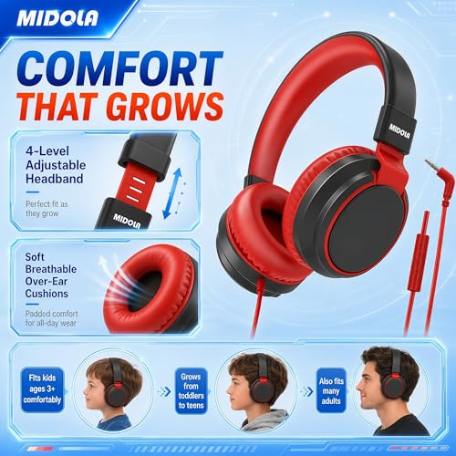 MIDOLA Volume Limited 85/110dB Kids Headphone Over-Ear/On-Ear Foldable Sound Noise Protection Headset with Inline AUX 3.5mm Cord w/Mic for Child School Cellphone Pad PC Notebook Black | Adjustable Headband Foldable Over-Ear Lightweight for Toddler Girls B