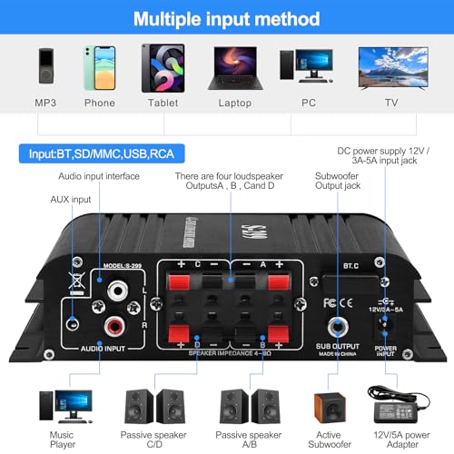 Audio Power Amplifier for Home Speakers -S-299 Bluetooth 5.0 Power Amp | 4.1 Channel RMS 40Wx4 Subwoofer AMP DC 12V/5A Mini Integrated Digital Amplifier with USB/SD & AUX Jack - color: S-299(4.1CH 40W*4 +50W RMS)