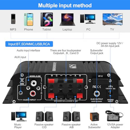 Audio Power Amplifier for Home Speakers -S-299 Bluetooth 5.0 Power Amp | 4.1 Channel RMS 40Wx4 Subwoofer AMP DC 12V/5A Mini Integrated Digital Amplifier with USB/SD & AUX Jack - color: S-299(4.1CH 40W*4 +50W RMS)