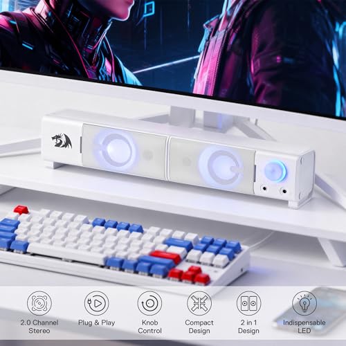 Redragon GS550 PC Gaming Speakers 2.0 Channel Stereo Enhanced Sound, White | Compact Maneuverable Size, Headphone Jack, Decent Red Backlight, Plug & Play USB Powered Desktop Computer Speaker - color: White