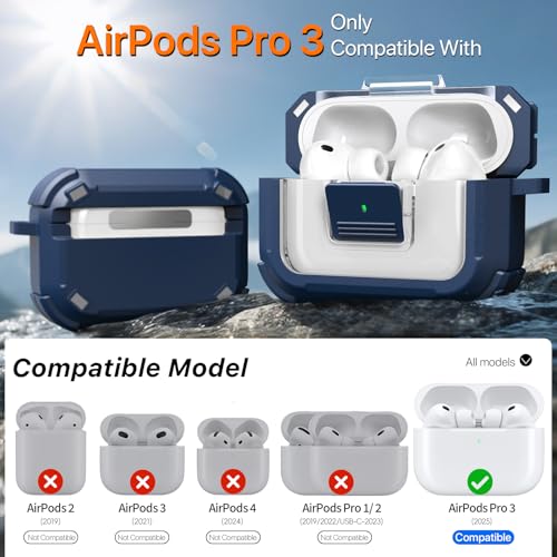 for AirPods Pro 3 Case with Lock Magnetic Lid MagSafe, Blue | Compatible Apple AirPods Pro 3, Compatible MagSafe, Protective Case with Cleaner Kit & Carabiner, Powerful Drop Protection - color: TW-Blue, size: Airpods Pro 3