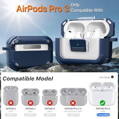 for AirPods Pro 3 Case with Lock Magnetic Lid MagSafe, Blue | Compatible Apple AirPods Pro 3, Compatible MagSafe, Protective Case with Cleaner Kit & Carabiner, Powerful Drop Protection - color: TW-Blue, size: Airpods Pro 3