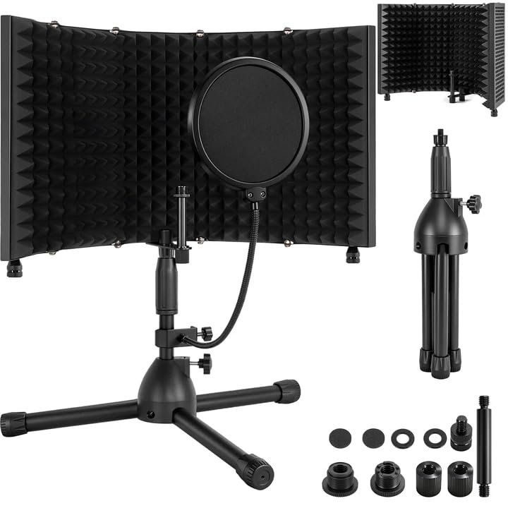 Desktop Microphone Isolation Shield | with Tripod Stand Curved Panel, Foldable Microphone Sound Shield, Studio Mic Sound Absorbing Foam Reflector - size: Standard