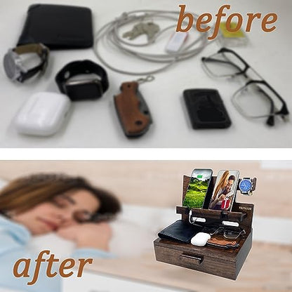 VEIYAILU Gifts for Men Women Husband Son Boyfriend Him Nightstand Organizer Wood Phone Docking Station Birthday Gifts (Walnut) - color: Walnut