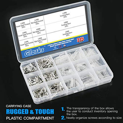 Glarks 315Pcs Quick Splice 2.8mm 4.8mm 6.3mm Male and Female Wire Spade Connector Wire Crimp Terminal Block with Insulating Sleeve Assortment Kit - style: 315Pcs Silver Spade Connector