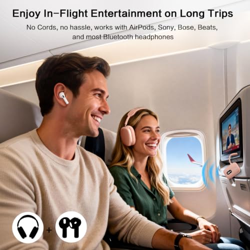 SIMOLIO Airplane Bluetooth Adapter, 20 Hr Playtime, Supports 2 Earbuds/Wireless Headphones, 3.5mm AUX Wireless Audio Transmitter for TV, Gym Equipment, Controller, MP3 Player - color: Pink