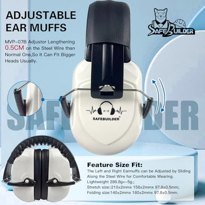 SAFEBUILDER Ear Muffs Noise Reduction SNR 33dB Adjustable Lightweight Safety Earmuffs Sound Proof Noise Cancelling ANSI - color: 1-white